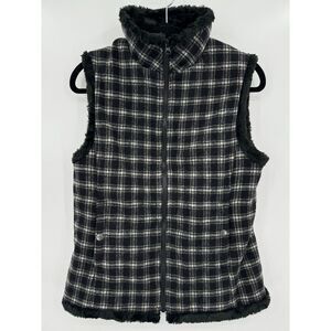 WOOLRICH Black White Plaid Faux Fur Lined Wool Vest Size S